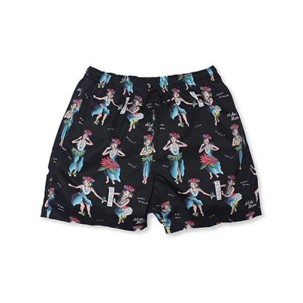 画像1: ALOHABLOSSOM   "HULA GIRL" BEACH SHORTS BLACK (1)