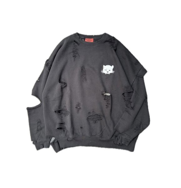 画像1: FVK  "SKULL CAT" DAMAGE SWEAT BLACK (1)